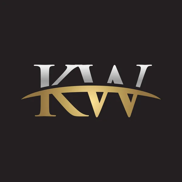Initial letter KW silver gold swoosh logo swoosh logo black background — Stock Vector
