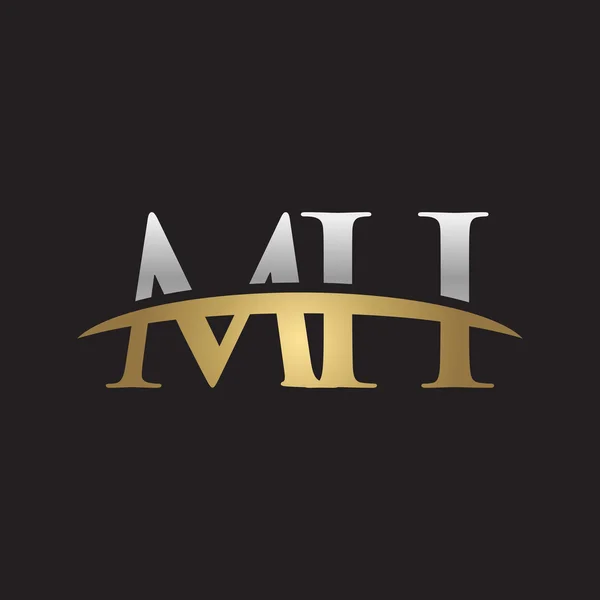 Initial letter MH silver gold swoosh logo swoosh logo black background — Stock Vector