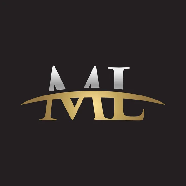 Letra inicial ML plata oro swoosh logo swoosh logo negro fondo — Vector de stock