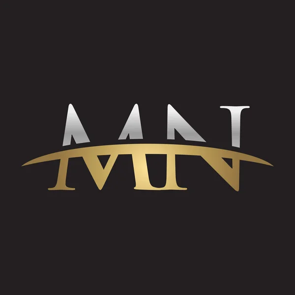 Initial letter MN silver gold swoosh logo swoosh logo black background — Stock Vector