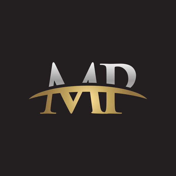  Первоначальная буква MP серебро золото swoosh логотип swoosh черный фон
