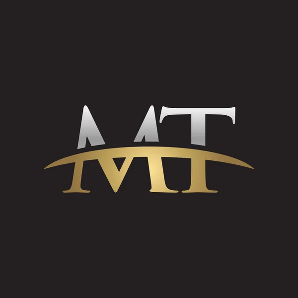Letra inicial MT plata oro swoosh logo swoosh logo negro fondo — Vector de stock