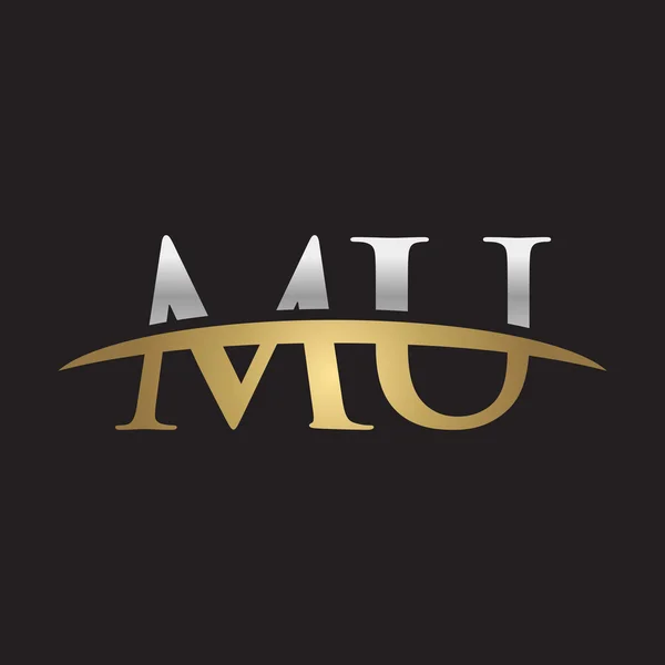 Initial letter MU silver gold swoosh logo swoosh logo black background — Stock Vector