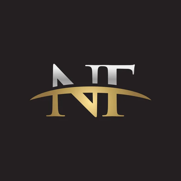 Initial letter NF silver gold swoosh logo swoosh logo black background — Stock Vector