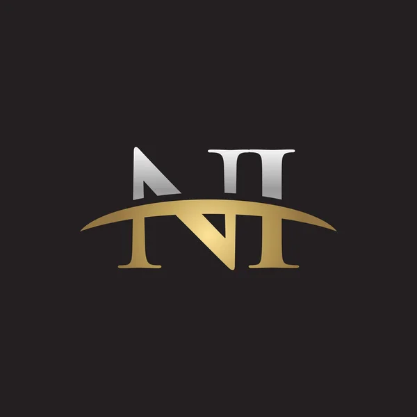 Initial letter NI silver gold swoosh logo swoosh logo black background — Stock Vector