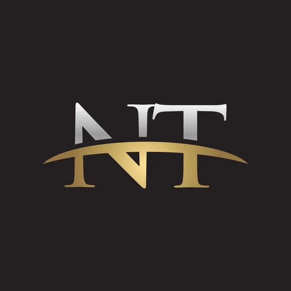 Initial letter NT silver gold swoosh logo swoosh logo black background — Stock Vector