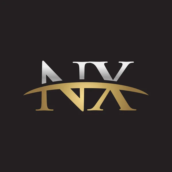 Αρχικό γράμμα Nx ασήμι χρυσός swoosh λογότυπο swoosh λογότυπο μαύρο φόντο — Διανυσματικό Αρχείο