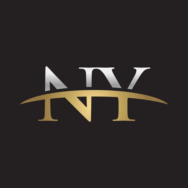 İlk harf Gümüş altın swoosh Ny logo logo siyah arka plan swoosh — Stok Vektör