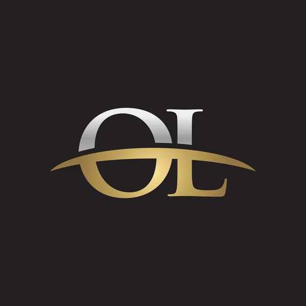 Eerste brief Ol zilver goud swoosh logo swoosh logo zwarte achtergrond — Stockvector