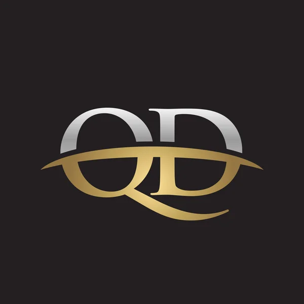 Initial letter QD silver gold swoosh logo swoosh logo black background — Stock Vector