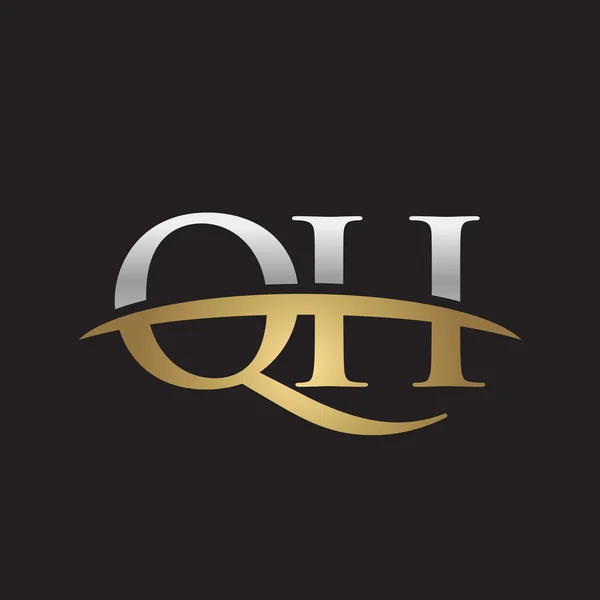 Eerste brief Qh zilver goud swoosh logo swoosh logo zwarte achtergrond — Stockvector