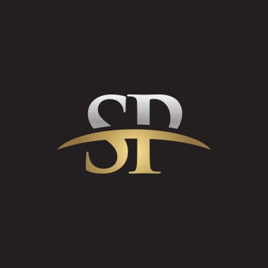 Initial letter SP silver gold swoosh logo swoosh logo black background clipart