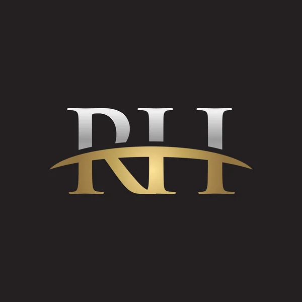 Lettera iniziale RH argento oro swoosh logo swoosh logo sfondo nero — Vettoriale Stock
