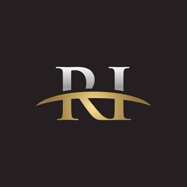 Första bokstaven Ri silver guld swoosh logo swoosh logo svart bakgrund — Stock vektor