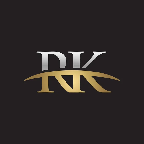 Initial letter RK silver gold swoosh logo swoosh logo black background — Stock Vector