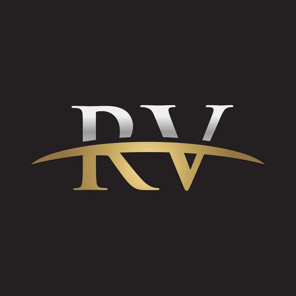 Αρχικό γράμμα Rv ασήμι χρυσός swoosh λογότυπο swoosh λογότυπο μαύρο φόντο — Διανυσματικό Αρχείο