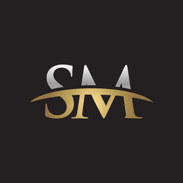 Letra inicial SM plata oro swoosh logo swoosh logo negro fondo — Vector de stock