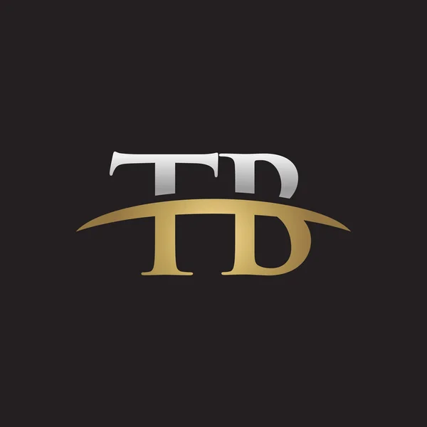Literą Tb Srebrny Złoty swoosh logo swoosh logo na czarnym tle — Wektor stockowy
