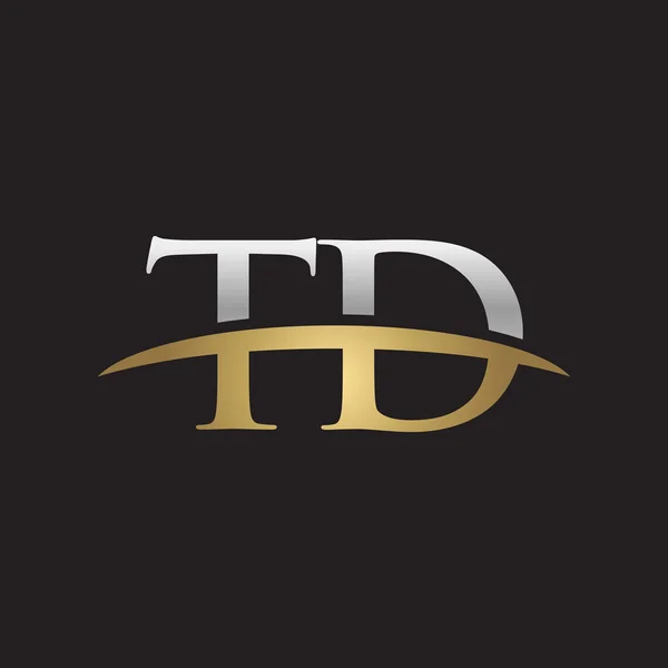 Initial letter TD silver gold swoosh logo swoosh logo black background — Stock Vector