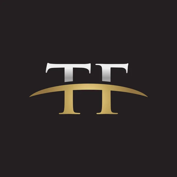 Initial letter TF silver gold swoosh logo swoosh logo black background — Stock Vector