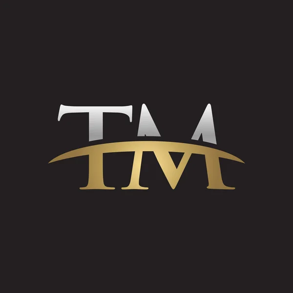 Initial letter TM silver gold swoosh logo swoosh logo black background — Stock Vector
