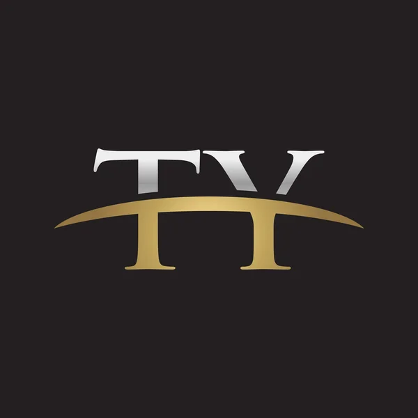 首字母 Ty 金银耐克标志旋风 logo 黑色背景 — 图库矢量图片