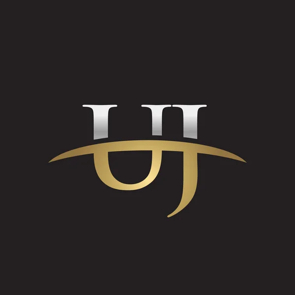 İlk harf Gümüş altın swoosh Uj logo logo siyah arka plan swoosh — Stok Vektör