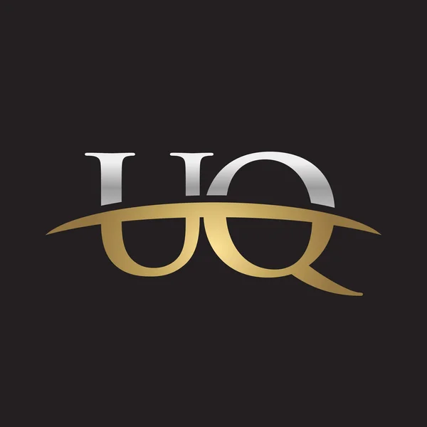 Eerste brief Uq zilver goud swoosh logo swoosh logo zwarte achtergrond — Stockvector