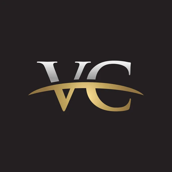 頭文字 Vc 銀の金のスウッシュのロゴにロゴ黒背景がシューッという音 — ストックベクタ