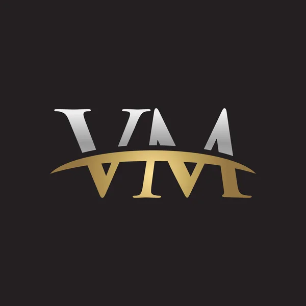 Initial letter VM silver gold swoosh logo swoosh logo black background — Stock Vector