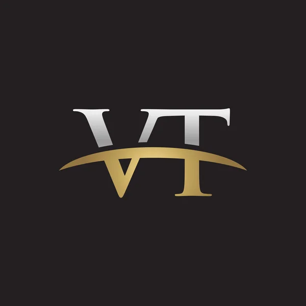 首字母 Vt 金银耐克标志旋风 logo 黑色背景 — 图库矢量图片