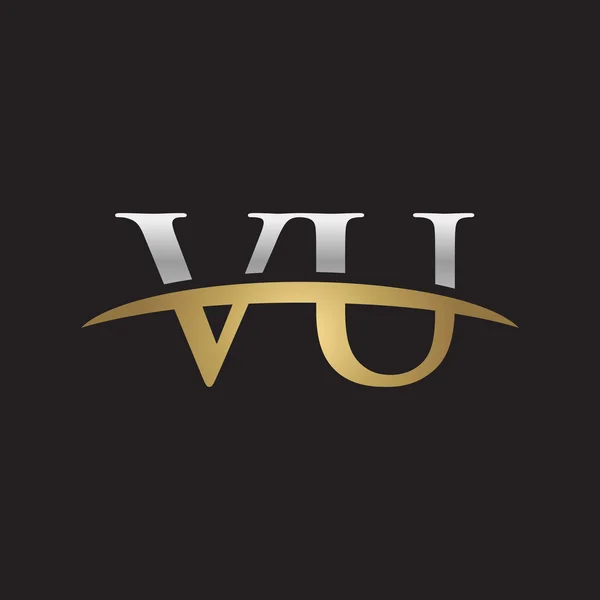 Första bokstaven Vu silver guld swoosh logo swoosh logo svart bakgrund — Stock vektor