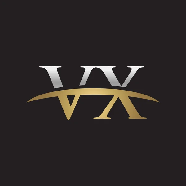 Första bokstaven Vx silver guld swoosh logo swoosh logo svart bakgrund — Stock vektor
