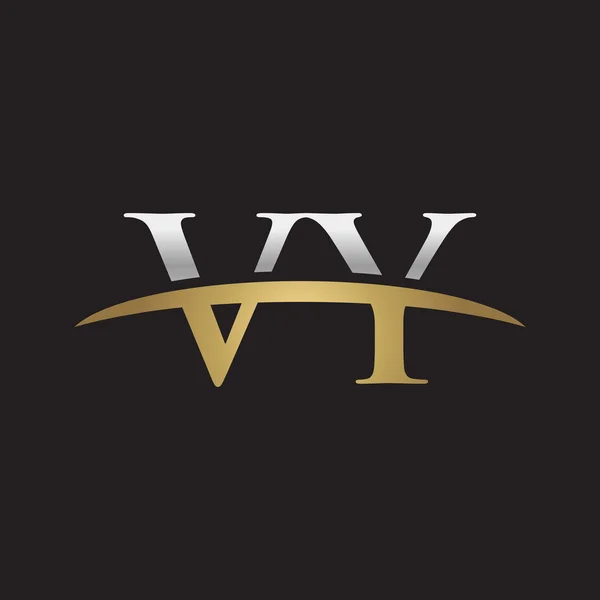 Första bokstaven Vy silver guld swoosh logo swoosh logo svart bakgrund — Stock vektor