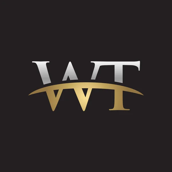 Початкова літера WT срібний золотий флеш логотип флеш логотип чорний фон — стоковий вектор