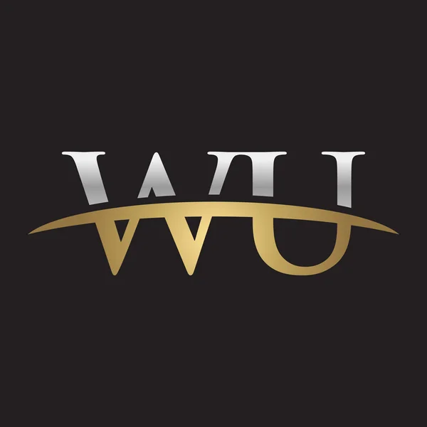 Αρχικό γράμμα Wu ασήμι χρυσός swoosh λογότυπο swoosh λογότυπο μαύρο φόντο — Διανυσματικό Αρχείο