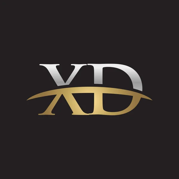 Initial letter XD silver gold swoosh logo swoosh logo black background — Stock Vector