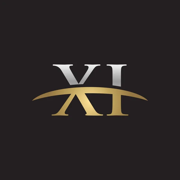 İlk harf Xi Gümüş altın swoosh logo logo siyah arka plan swoosh — Stok Vektör