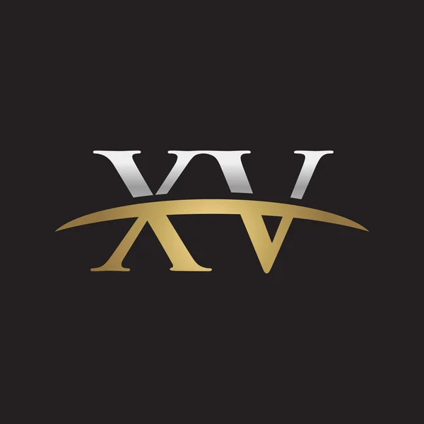Carta inicial XV prata ouro swoosh logotipo swoosh logotipo preto fundo — Vetor de Stock