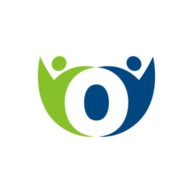 O ekip çalışması ile ilk alfabe harf logo swoosh adam, mavi yeşil