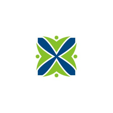 Ekip çalışması ile X ilk alfabe harf logo swoosh adam, mavi yeşil