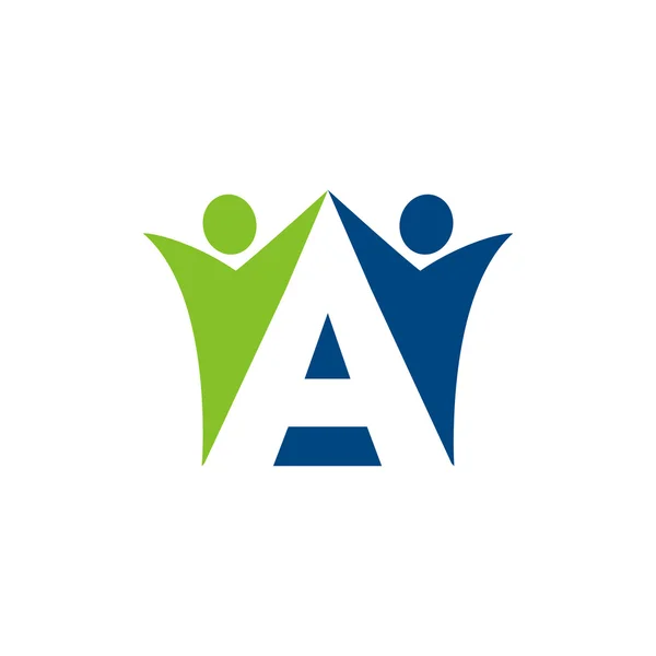 A initial alphabet letter logo with teamwork swoosh man, blue green — Stock Vector