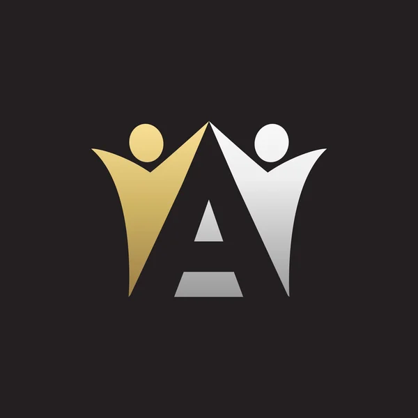 Ένα λογότυπο επιστολή Αρχική αλφάβητο με ομαδική εργασία swoosh άνθρωπος, ασημένια και χρυσά μαύρο φόντο — Διανυσματικό Αρχείο