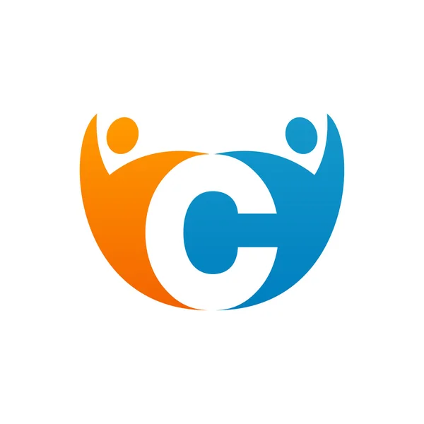 C initial alphabet letter logo with teamwork swoosh man, orange blue — Stock Vector