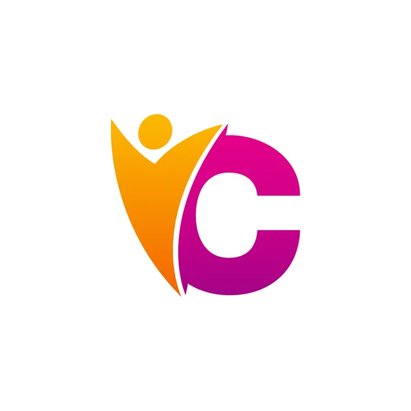 C initial alphabet letter logo with swoosh man, orange pink — Stock Vector