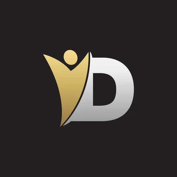 D Anfangsbuchstabe Buchstabe Logo mit Swoosh Mann, silber gold schwarz Hintergrund — Stockvektor