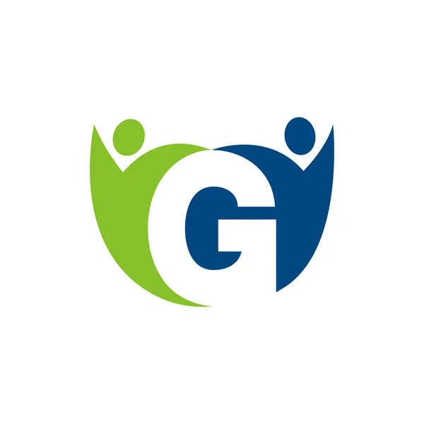 G initial alphabet letter logo with teamwork swoosh man, blue green — Stock Vector