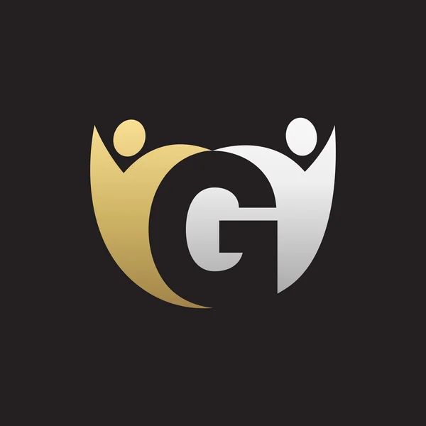 G Anfangsbuchstabe Logo mit Teamwork Swoosh Mann, Silber Gold schwarz Hintergrund — Stockvektor