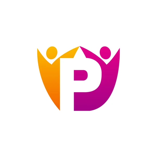 P Anfangsbuchstaben-Logo mit Teamwork-Swoosh Mann, orange rosa — Stockvektor