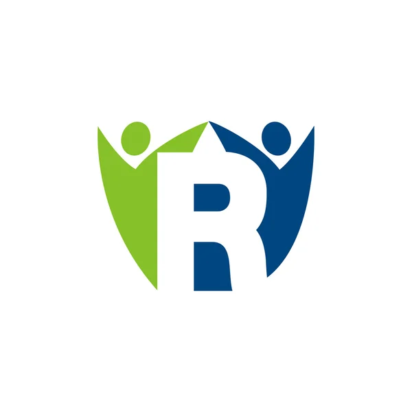 R initial alphabet letter logo with teamwork swoosh man, blue green — Stock Vector